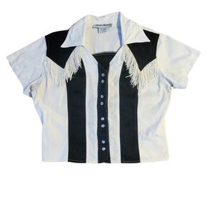 Adobe Rose Black & White Western Fringe Corset Crop Short Sleeve Cotton Shirt Lg